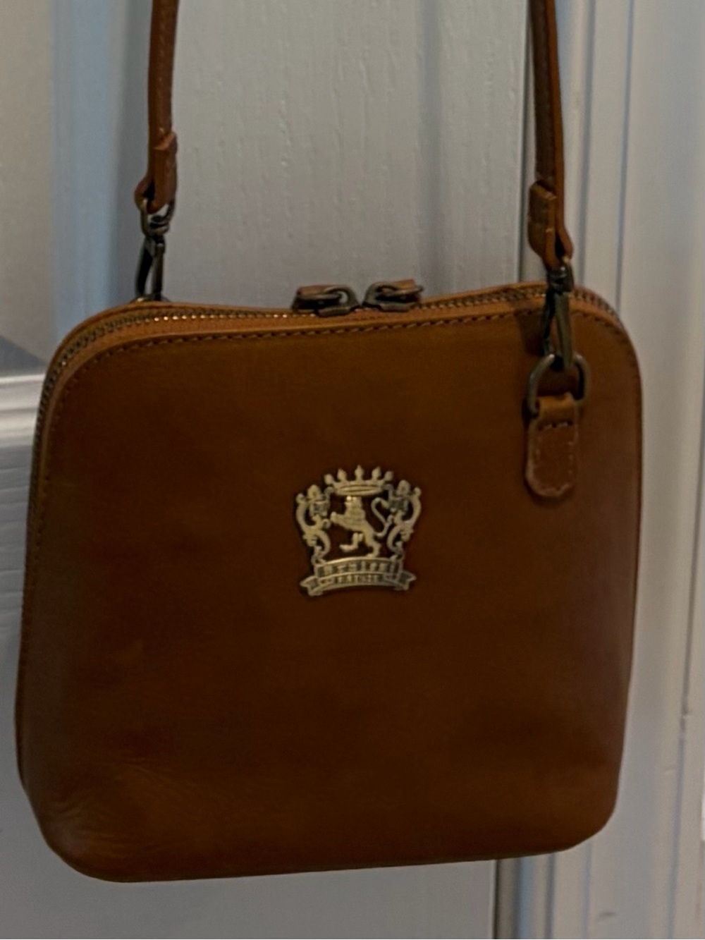 Pratesi Compact Tan Crossbody Bag with Crown Accent